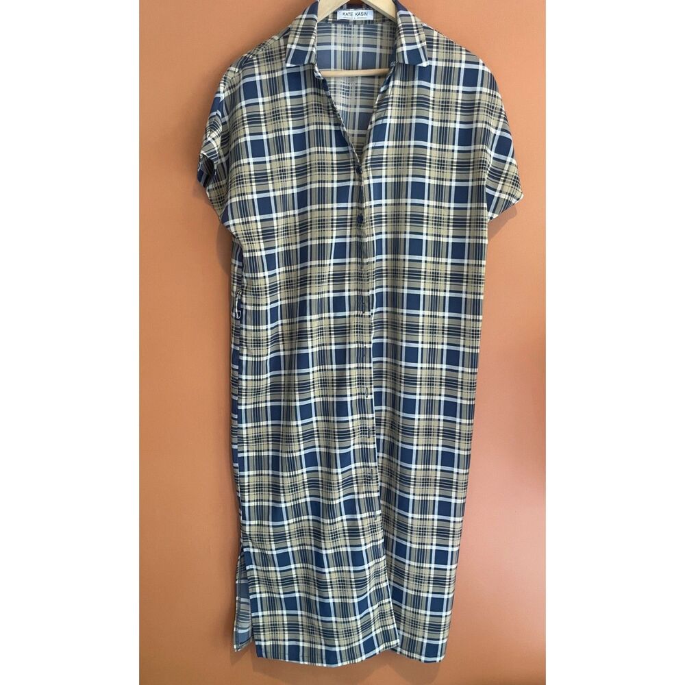 Navy Beige Plaid Shirt Dress Large Short Sleeve Collared Casual Side Slit
